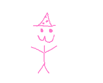 a crude drawing of a stick figure with an :3 face and a wizard hat